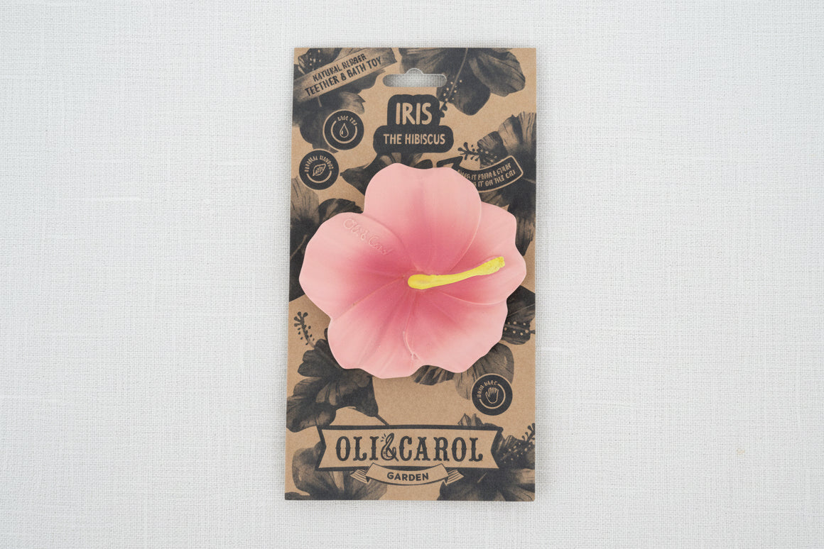 Packaging of a pink flower-shaped teether product