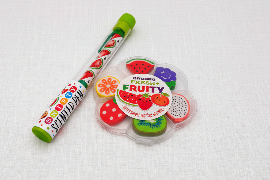 Fruity-themed pen and eraser set