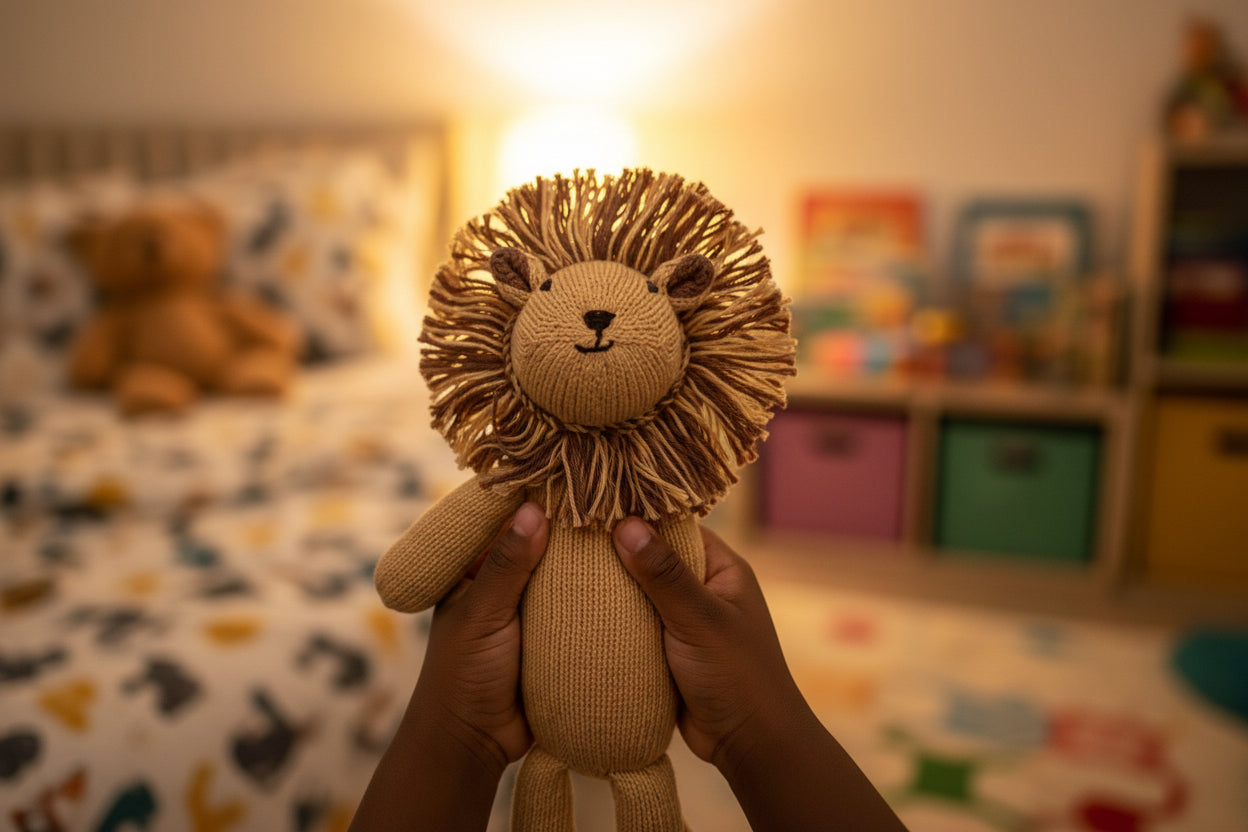 Hand holding a lion plush toy in a child's room with toys and books in the background.