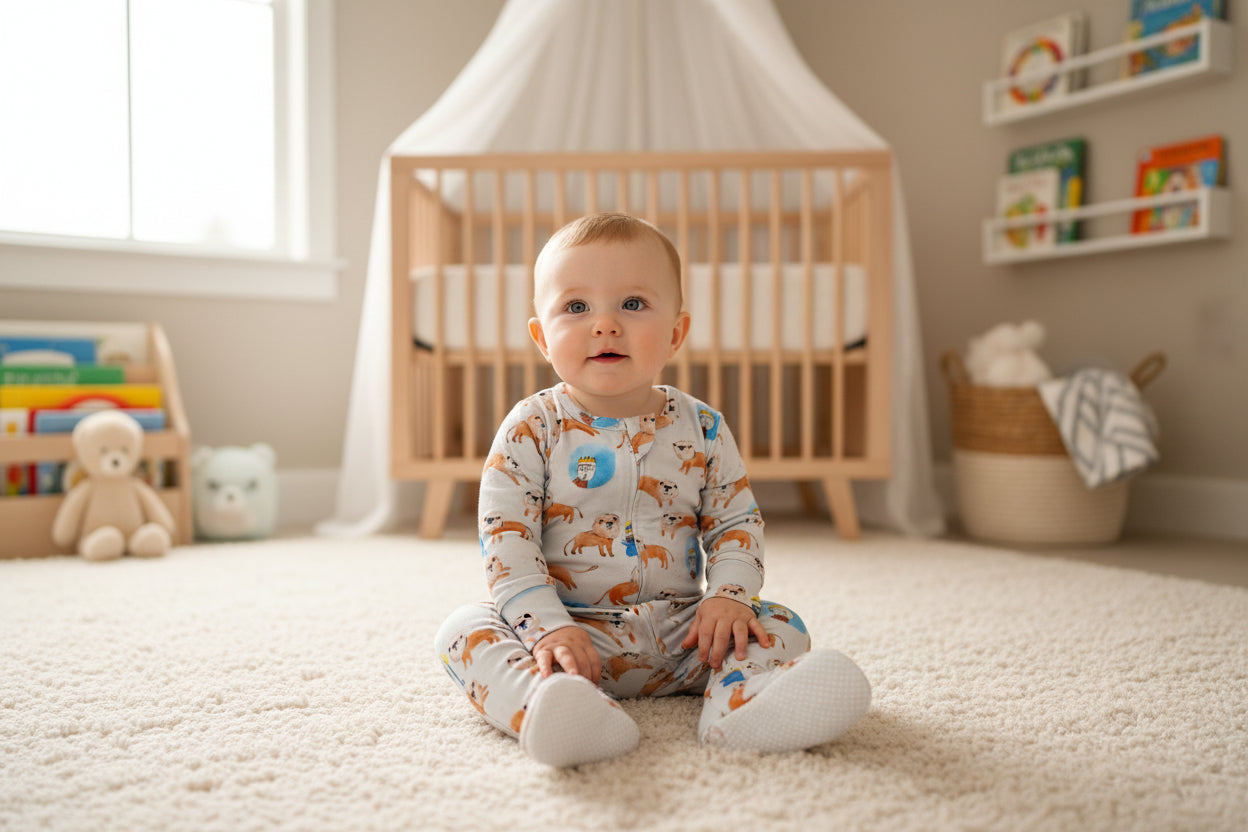 Baby wearing Daniel and the Lions onesie sitting on a carpeted floor in a nursery with a crib and books in the background.