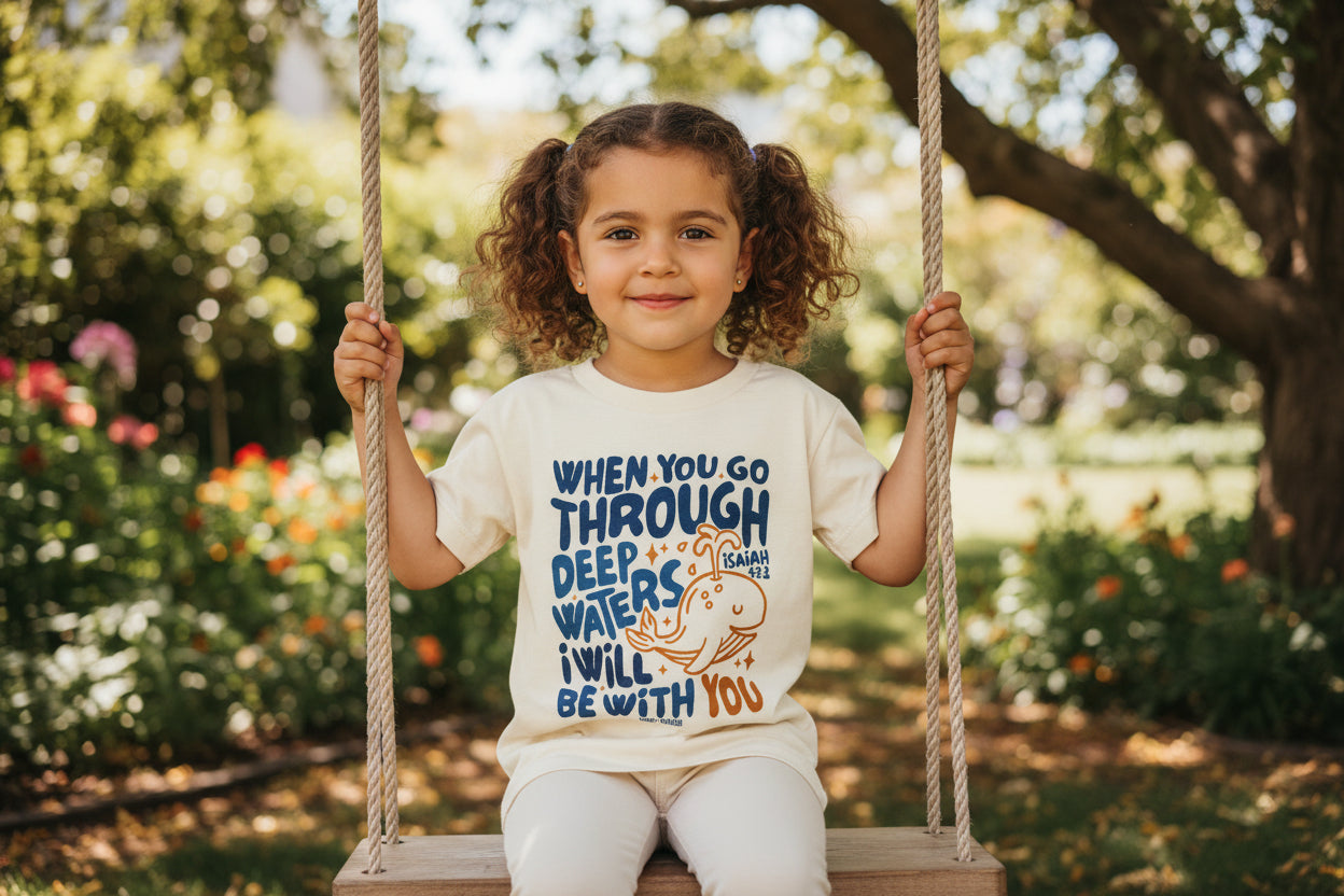 Girl on swing wearing beige t-shirt with Bible verse quote and whale graphic