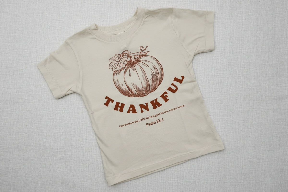 Child's T-Shirt with Pumpkin Graphic, the word "Thankful," and scripture