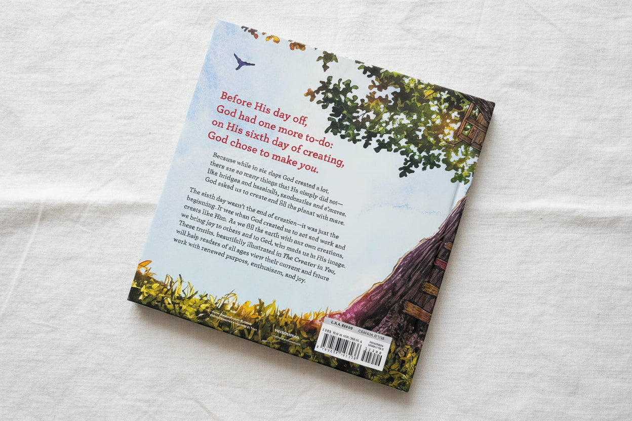 Back cover of a book with text and illustration of a tree and sky