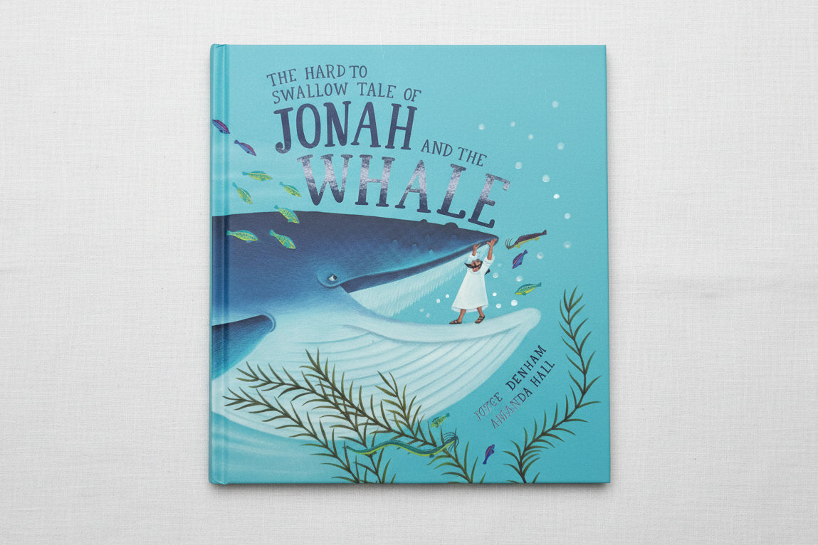 Children's book titled 'The Hard to Swallow Tale of Jonah and the Whale' with whale illustration