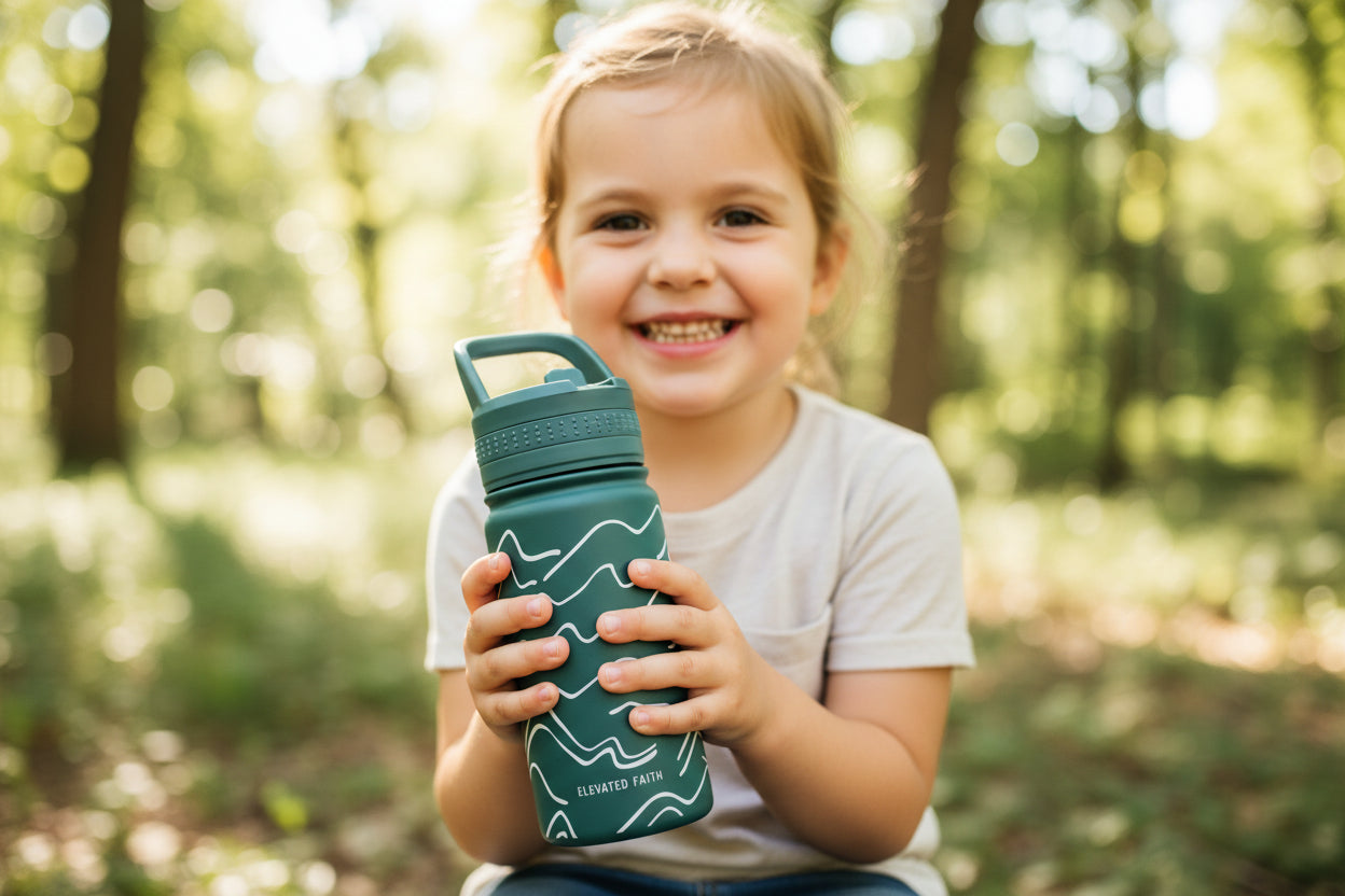Child holding a green water bottle in a forest setting