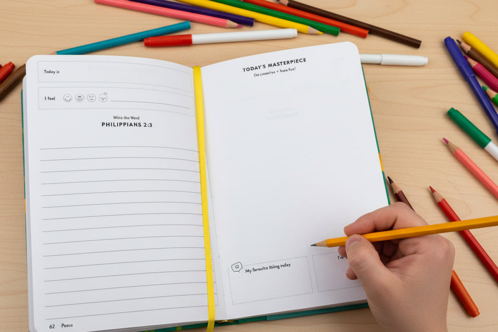 Open notebook with lined pages on table with colored pencils and markers