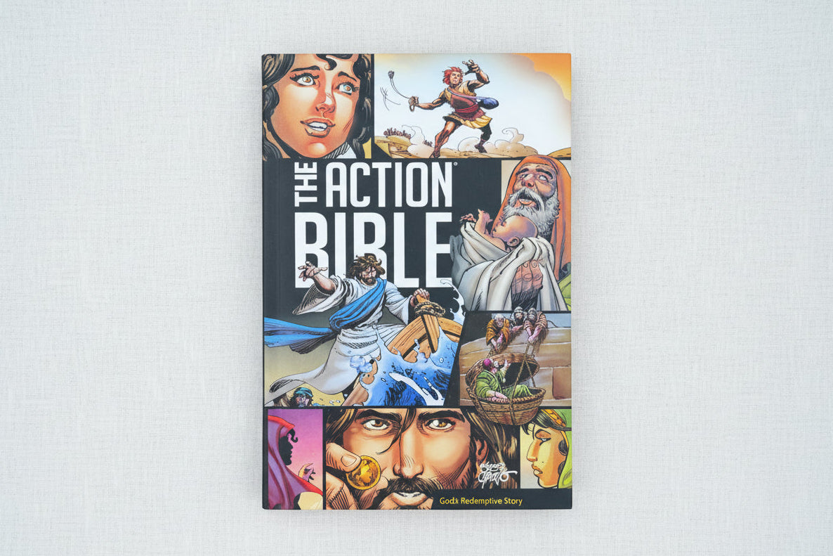 Cover of 'The Action Bible' with illustrated characters 
