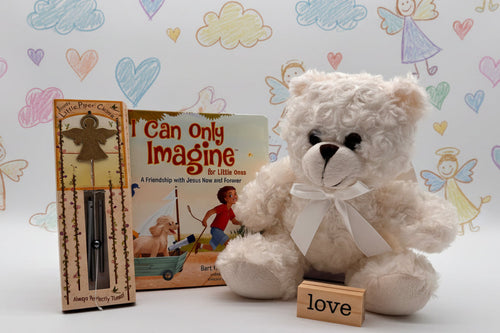 Load image 1 in gallery view. White angel teddy bear with a 'love' block picture holder, 'I Can Only Imagine' book, and angel wind chime