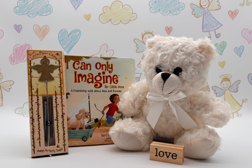 White angel teddy bear with a 'love' block picture holder, 'I Can Only Imagine' book, and angel wind chime