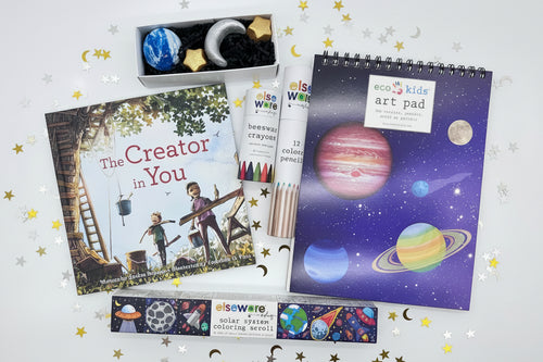 Load image 1 in gallery view. Art materials including crayons, chalks, a book, coloring scroll, and art pad