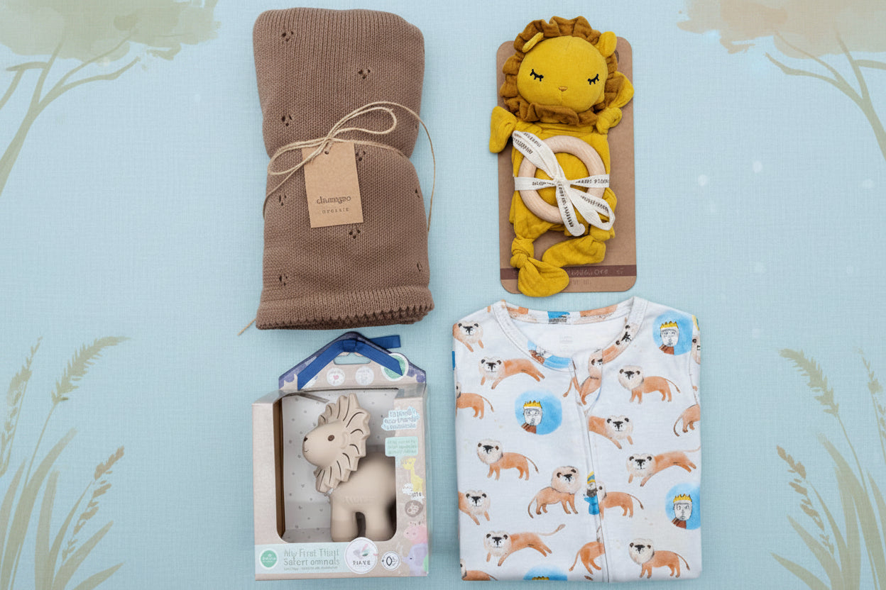 Collection of baby items including a brown blanket, lion toys, and patterned pajamas on a light blue background.