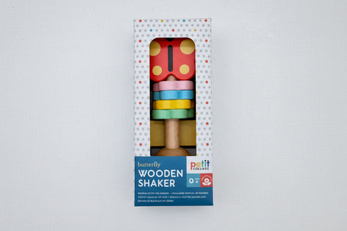 Load image 1 in gallery view. Colorful wooden shaker toy with butterfly and flowers in packaging 