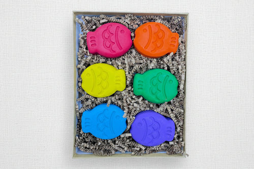 Load image 1 in gallery view. Set of six colorful fish-shaped crayons in a box 