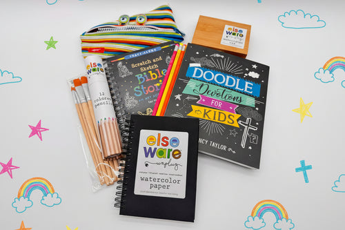Load image 1 in gallery view. "Doodle Devotions for Kids book and "Scratch and Sketch Bible Stories" book and art supplies