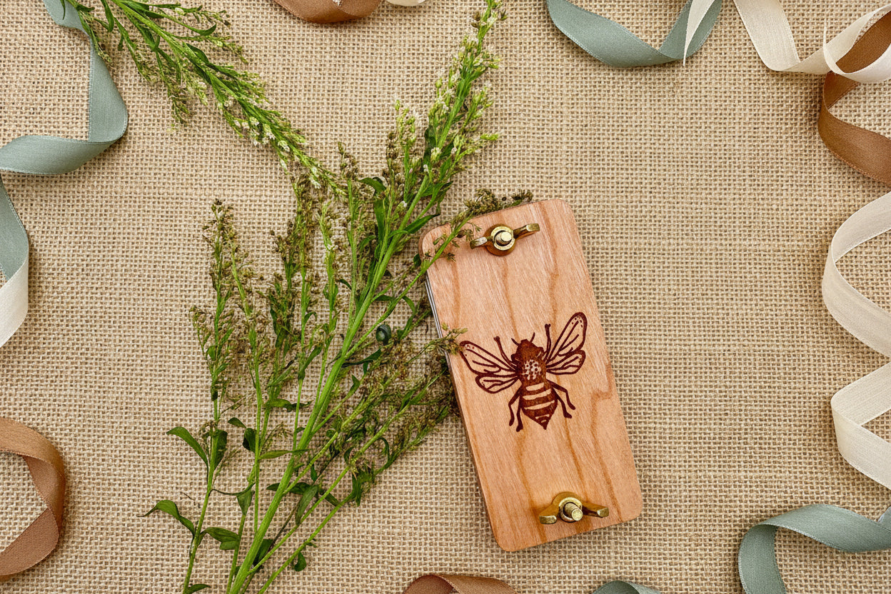 Wooden flower press with bee design with flowers and ribbon in background