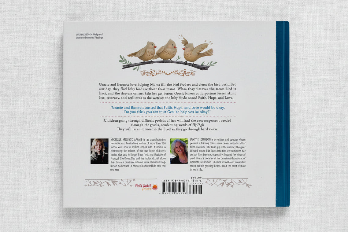 Back cover of a book with text and illustrations 