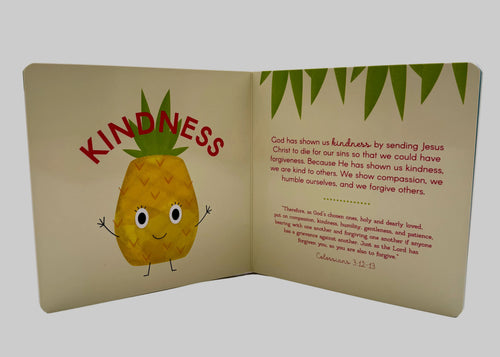 Load image 1 in gallery view. Open book with a cartoon pineapple character and text background
