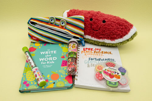 Load image 1 in gallery view. Children's items with a watermelon plush toy, notebook, book, puzzle and pen 