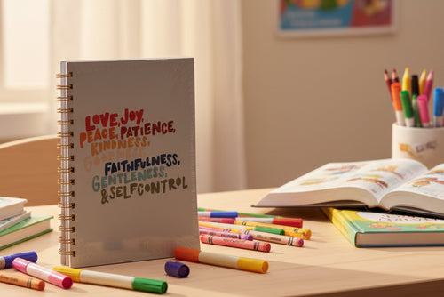Load image 1 in gallery view. Notebook with brightly colored writing on table with art supplies and books