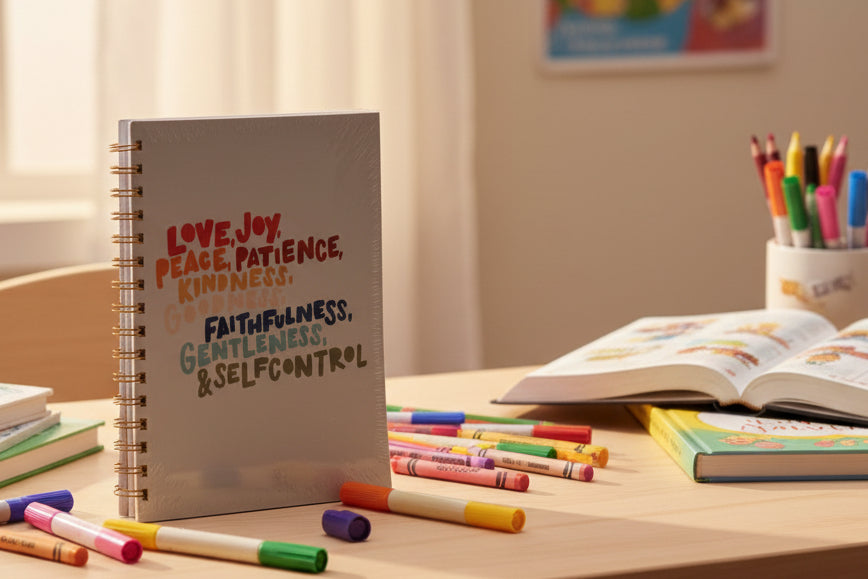 Notebook with brightly colored writing on table with art supplies and books