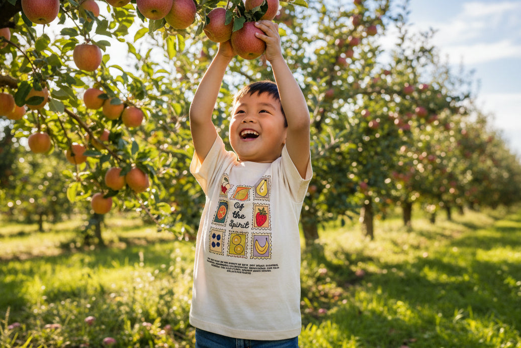Child picking apples and wearing t-shirt with fruit