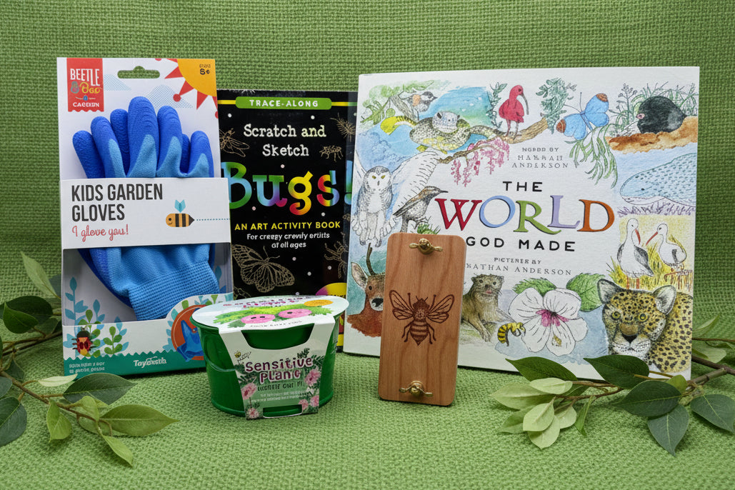 Educational and craft items including kids gardening gloves, book, flower growing kit and flower press