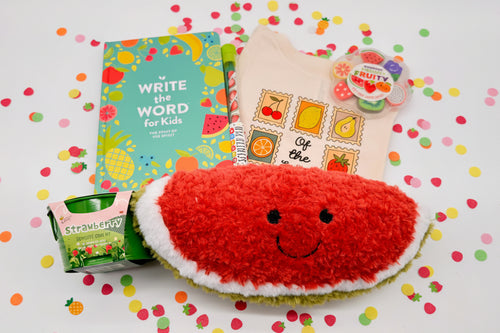 Load image 1 in gallery view. Children's items, including plush watermelon toy with book, t-shirt, and strawberry growing kit 