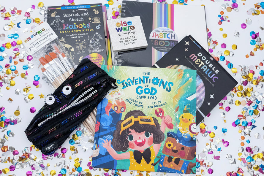 Collection of art supplies and books on a colorful background