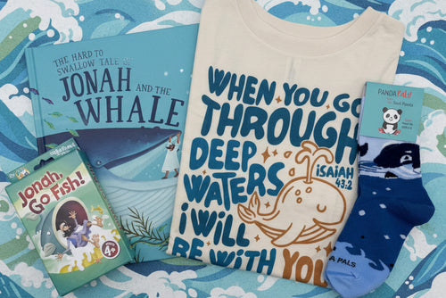 Load image 1 in gallery view. T-shirt with Bible scripture and whale design, Jonah and the Whale book, Jonah themed Go Fish card game and kids whale socks 
