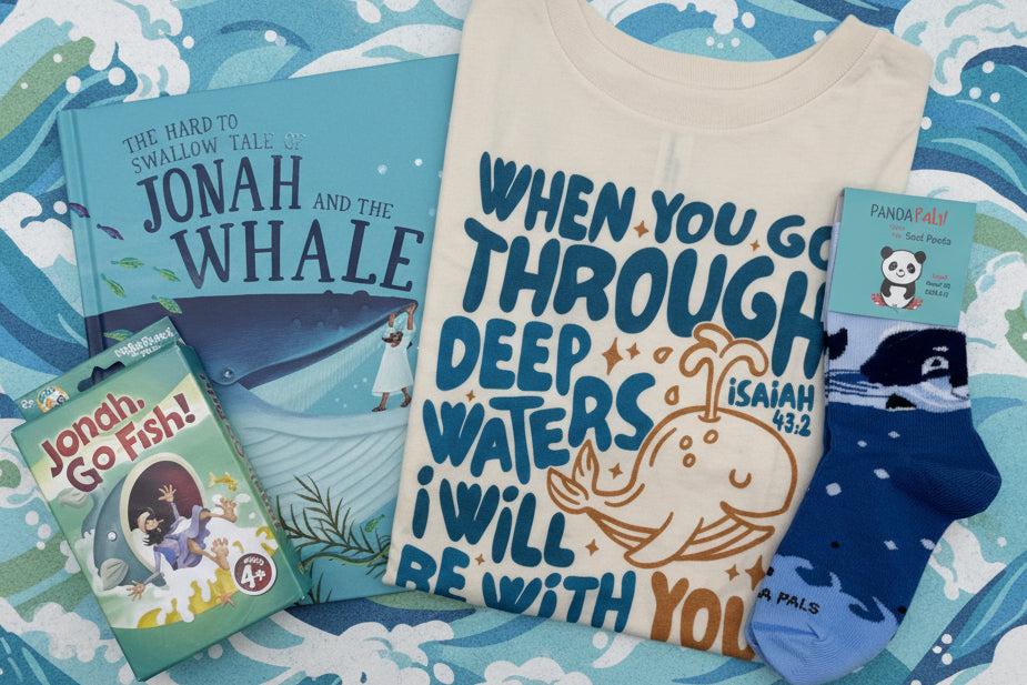 T-shirt with Bible scripture and whale design, Jonah and the Whale book, Jonah themed Go Fish card game and kids whale socks 