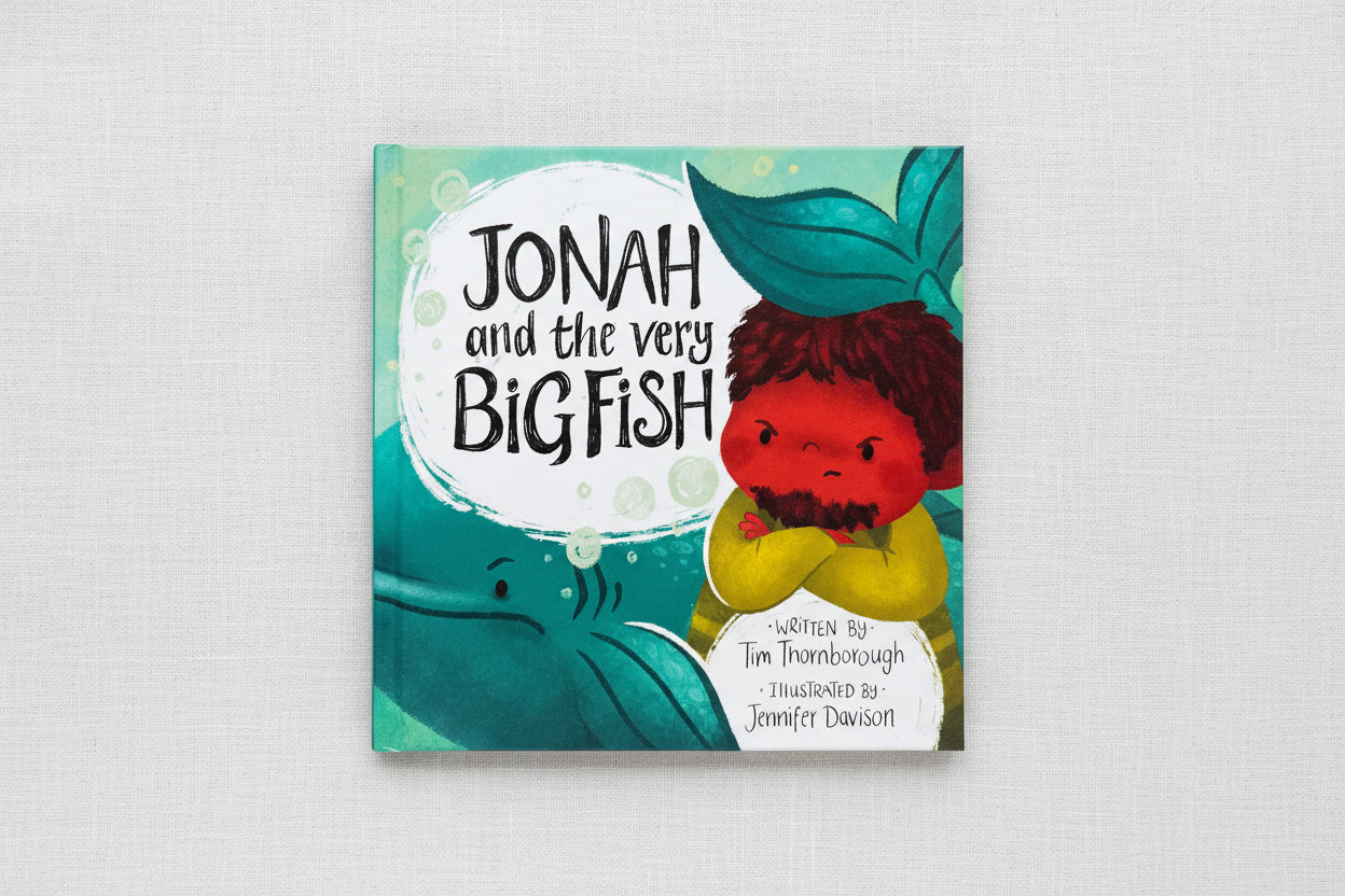 Book cover of 'Jonah and the Very Big Fish' with a colorful illustration of a fish and a character.