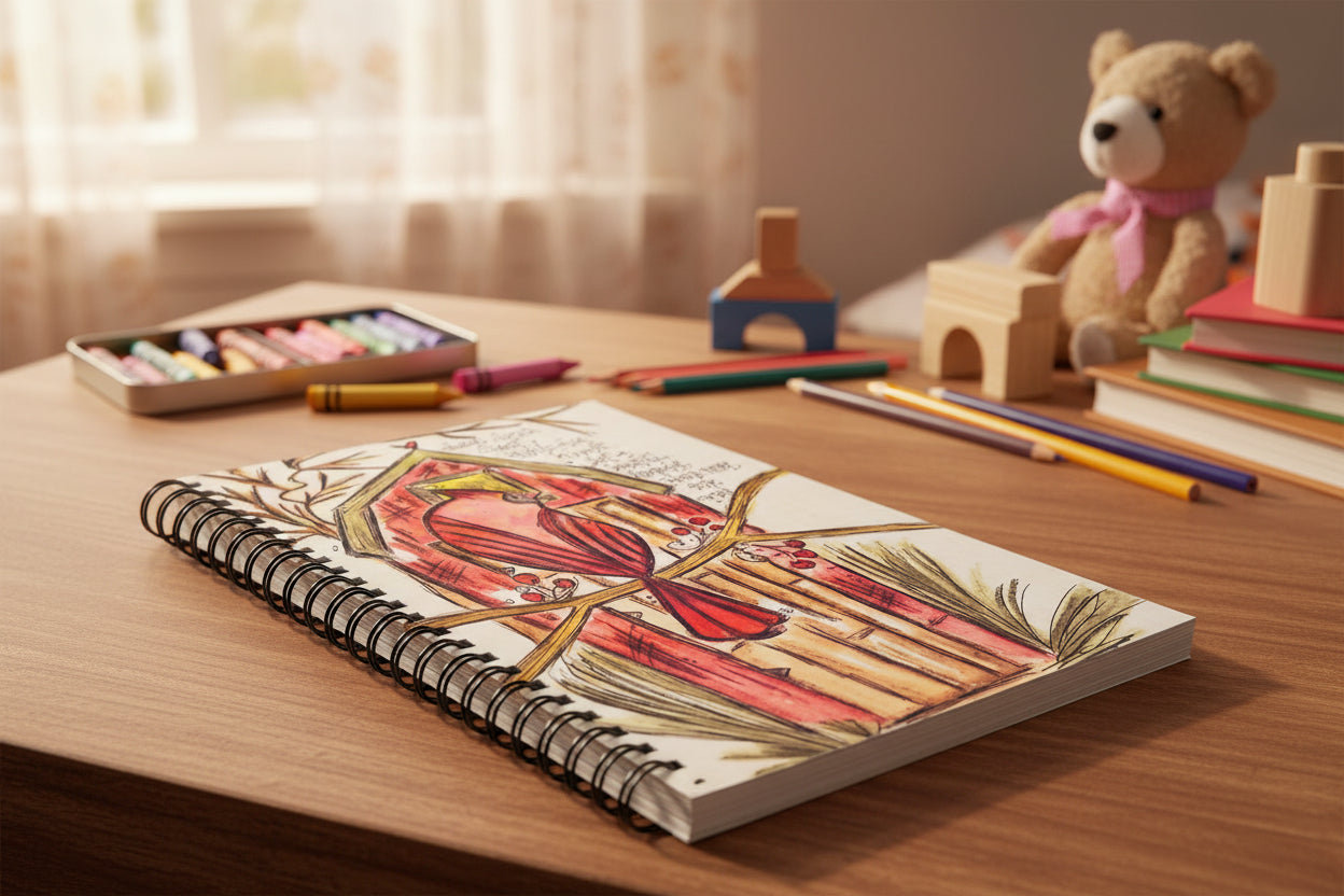 Journal with art on a wooden table with crayons and a teddy bear in the background