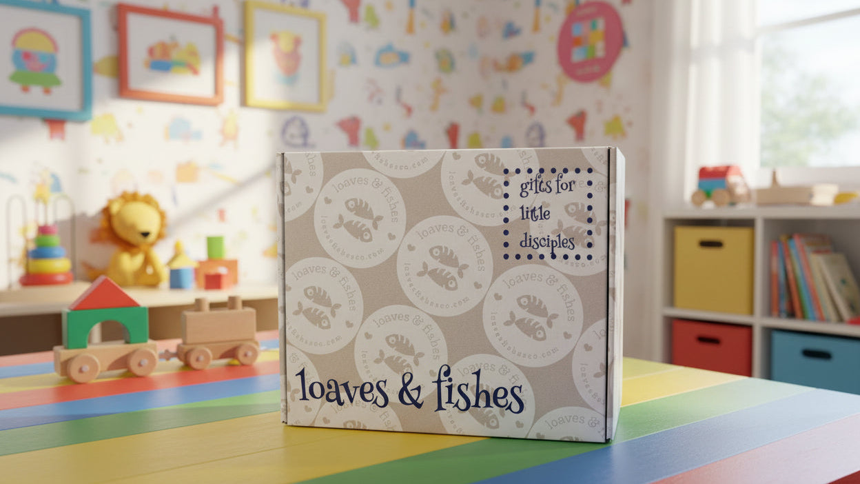 Children's room with a 'Loaves & Fishes' box on colorful table