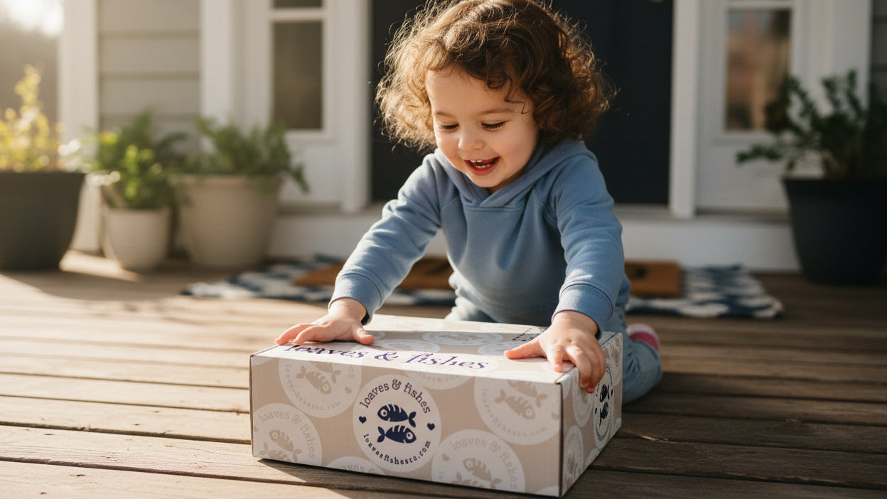 Child opening a box on a wooden deck with plants and a house in the background