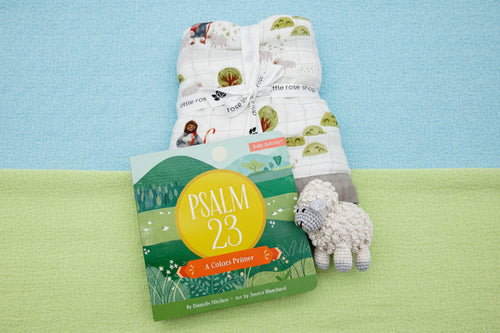 Load image 1 in gallery view. Children's book titled 'Psalm 23' with a soft toy sheep and baby blanket 