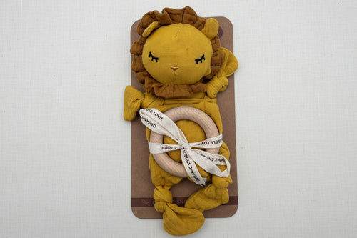 Load image 1 in gallery view. Plush lion toy with a wooden ring 