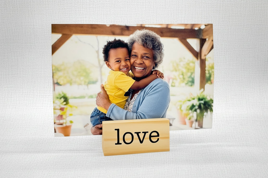 Printed photo woman and child in 'love' block photo holder  