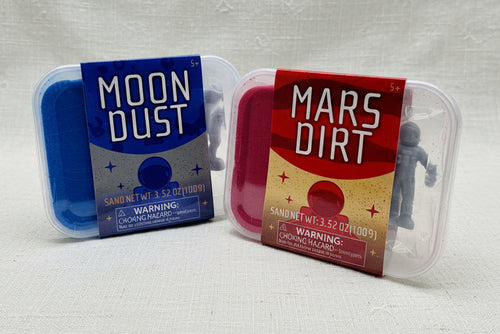Load image 1 in gallery view. Two containers labeled 'Moon Dust' and 'Mars Dirt' each containing colorful sand and figurine