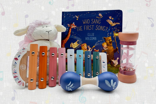 Load image 1 in gallery view. Children's musical instruments, stuffed pink lamb, and a book 
