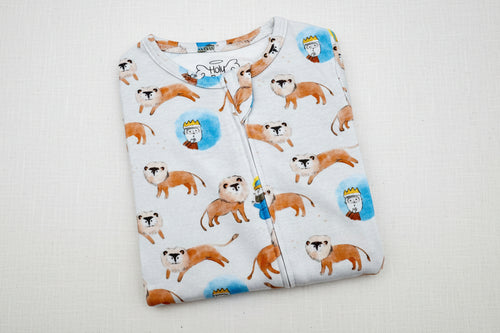 Load image 1 in gallery view. Folded baby onesie with lion pattern on a white background