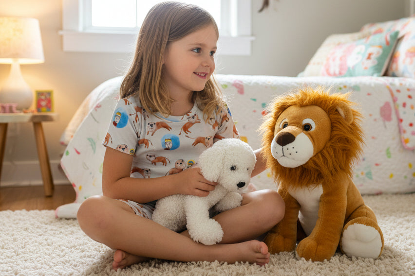 Child holding wearing Daniel and the Lions pajamas with plush toys in a bedroom setting
