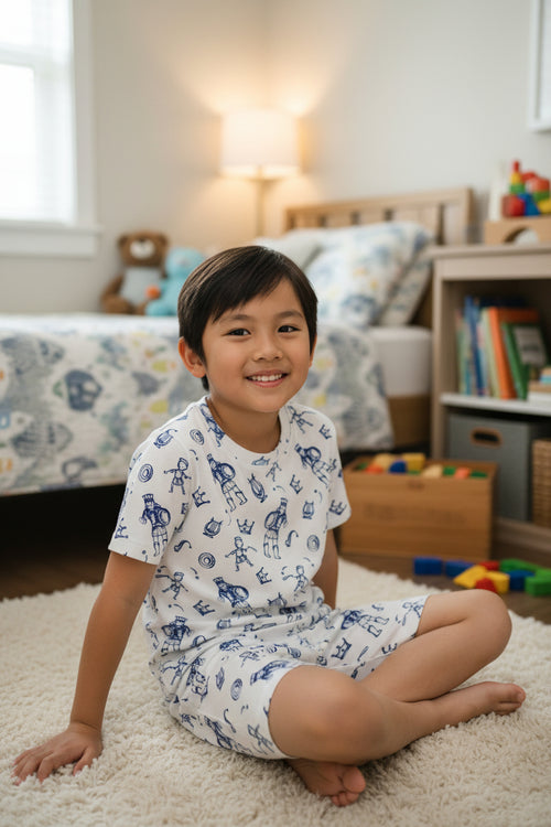 Load image 1 in gallery view. Child wearing pajamas with David & Goliath print in a bedroom setting