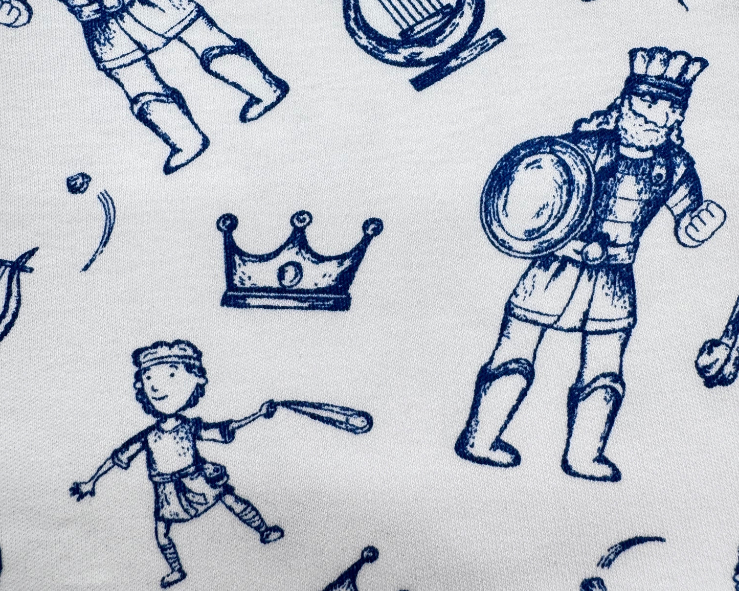 Pattern of blue illustrations of David and Goliath on a white background