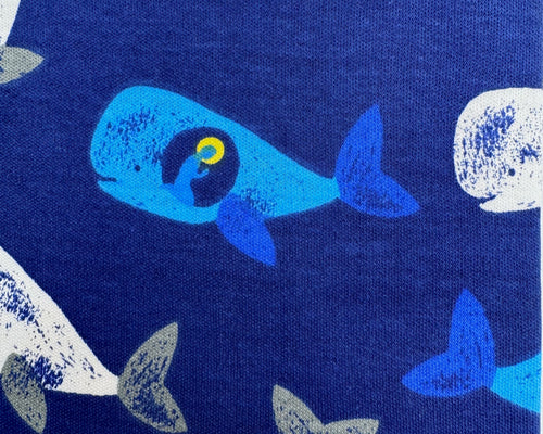 Load image 1 in gallery view. Pattern of white and blue whales on a navy background