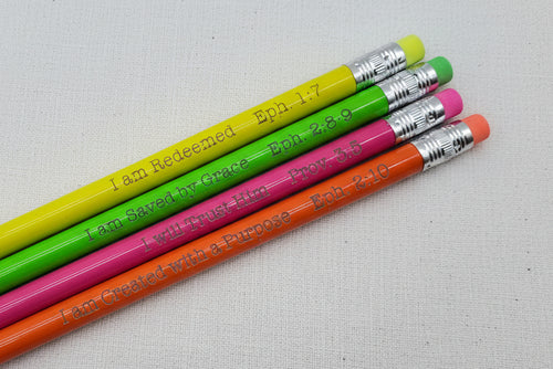 Load image 1 in gallery view. Colorful pencils with Bible scriptures etched on them 