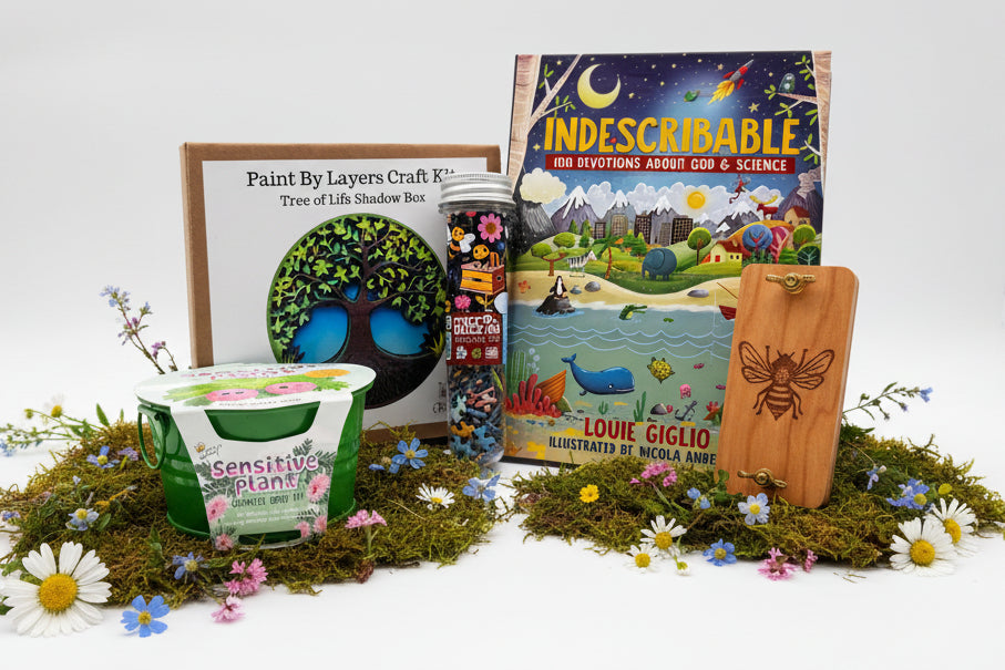 Book titled 'Indescribable 100 Devotions about God & Science', puzzle, wooden flower press, art kit, and flower growing kit