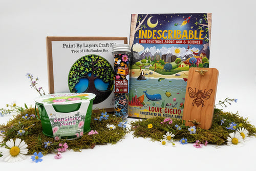 Load image 1 in gallery view. Book titled 'Indescribable 100 Devotions about God & Science', puzzle, wooden flower press, art kit, and flower growing kit