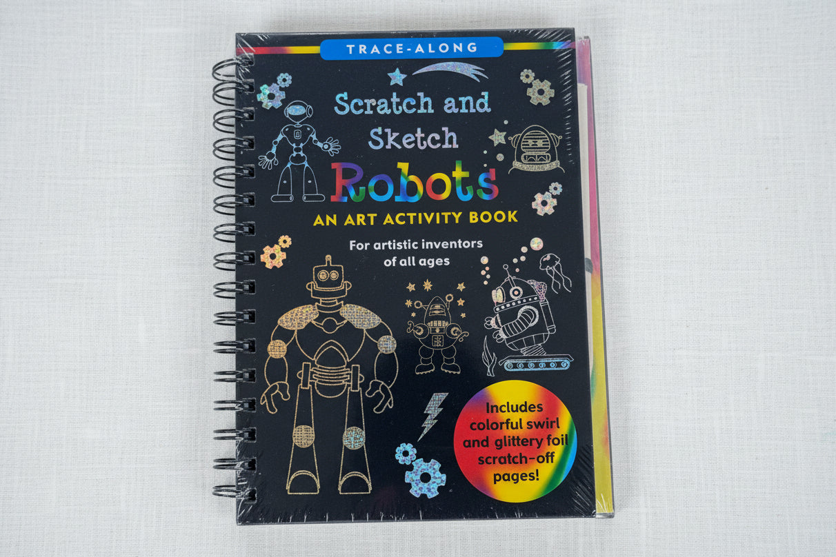 Activity book titled 'Scratch and Sketch Robots' 