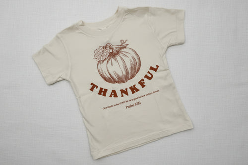 Load image 1 in gallery view. Child's T-Shirt  with Pumpkin Graphic, the word "Thankful," and scripture