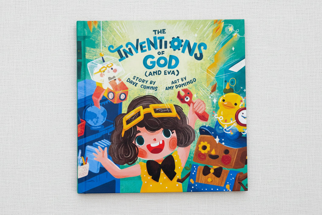 Children's book titled 'The Inventions of God (and Eva)' with illustration of child and robot 